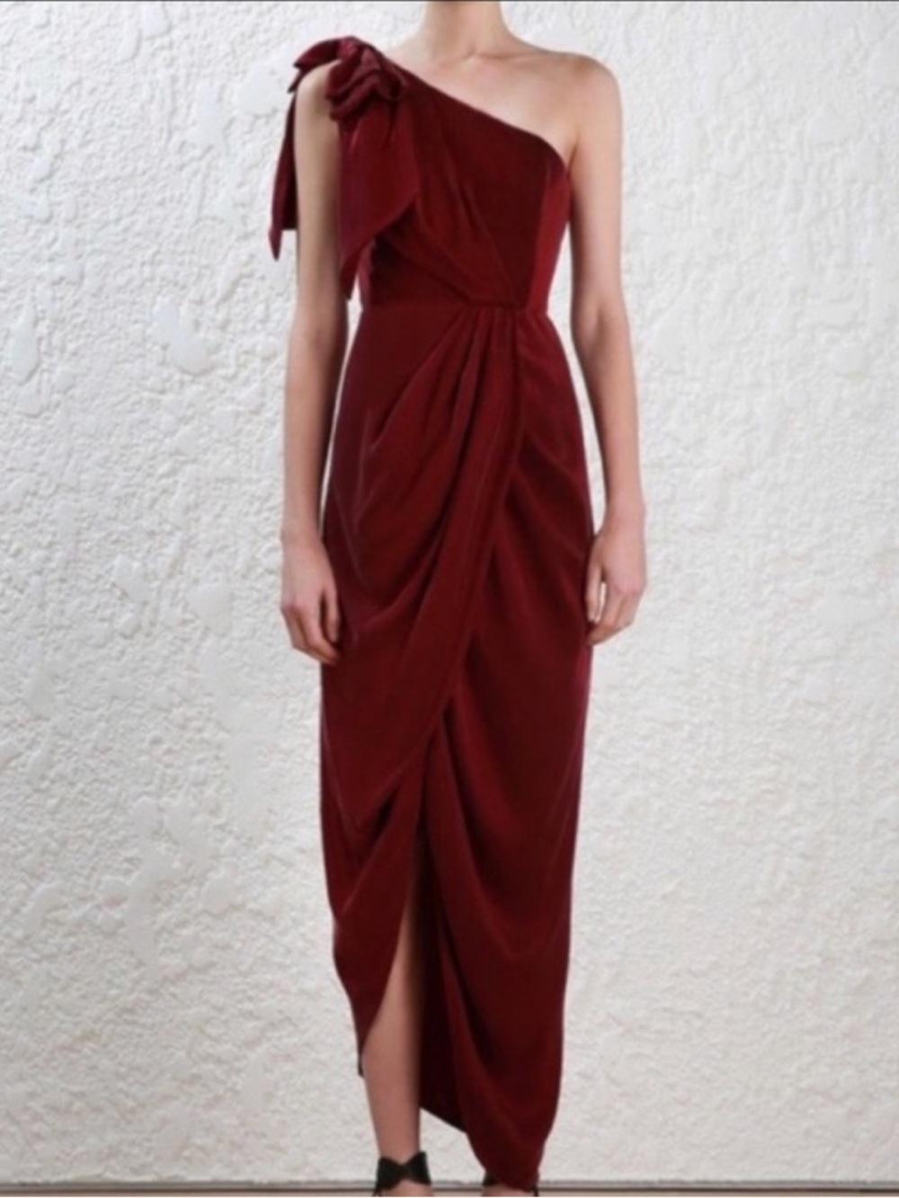 Zimmermann Burgundy One-Shoulder Bow Draped Midi Dress